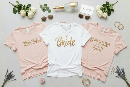 Hen party outfit flatlay with bride and bridesmaid shirts